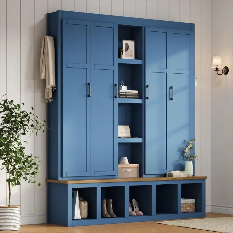 Meuble d'entrée 4 en 1 de style campagnard avec étagères ouvertes, banc à chaussures pour vestibule avec compartiments ouverts, porte-manteau d'entrée avec 6 crochets