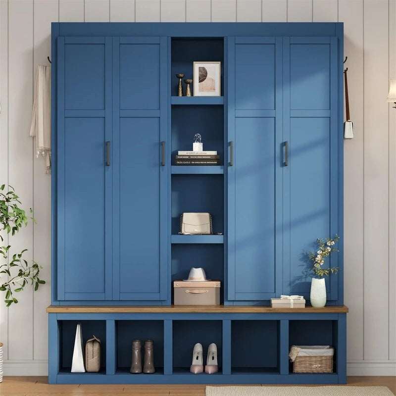 Meuble d'entrée 4 en 1 de style campagnard avec étagères ouvertes, banc à chaussures pour vestibule avec compartiments ouverts, porte-manteau d'entrée avec 6 crochets