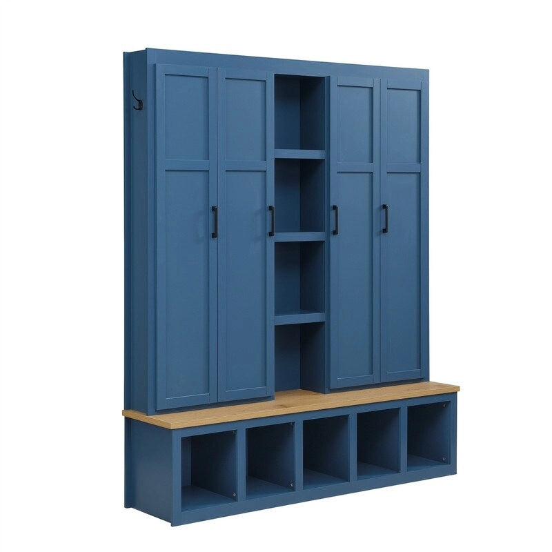 Meuble d'entrée 4 en 1 de style campagnard avec étagères ouvertes, banc à chaussures pour vestibule avec compartiments ouverts, porte-manteau d'entrée avec 6 crochets