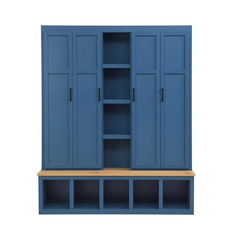 Meuble d'entrée 4 en 1 de style campagnard avec étagères ouvertes, banc à chaussures pour vestibule avec compartiments ouverts, porte-manteau d'entrée avec 6 crochets