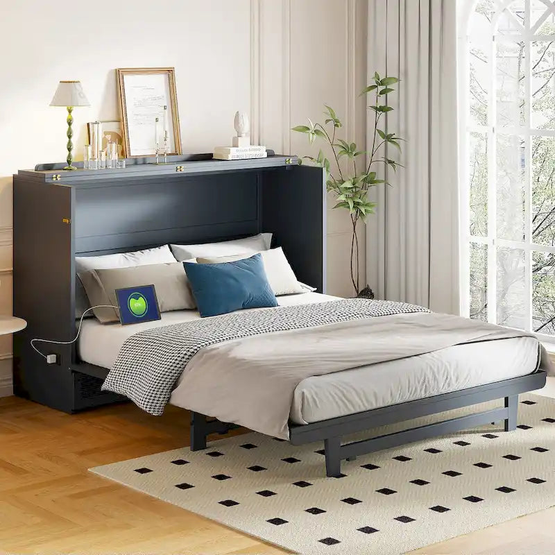 Lit escamotable avec grand tiroir, ports USB et prises électriques