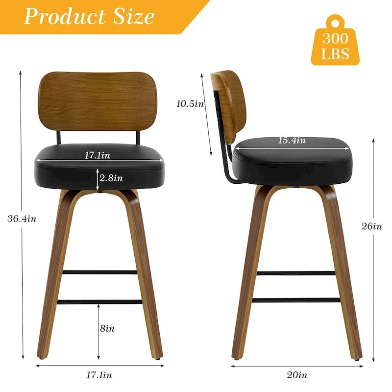 Tabourets de bar pivotants rembourrés de 66 cm (26 po) - 92,5 cm (36,4 po) H x 43,5 cm (17,1 po) L x 51 cm (20 po) P