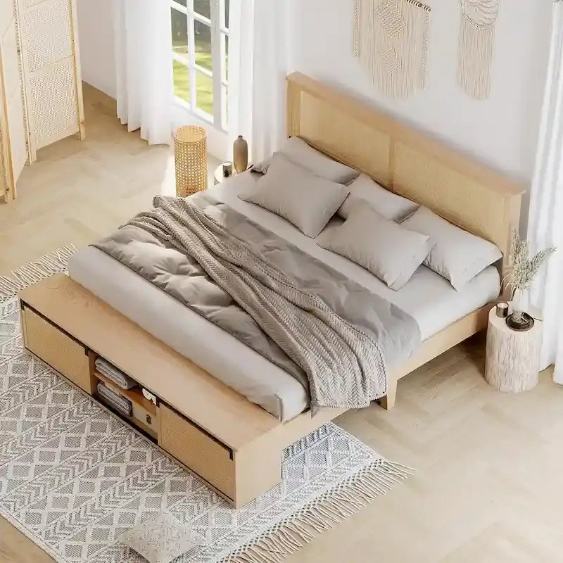 Cadre de lit double en rotin naturel avec placards de rangement à portes coulissantes de style grange