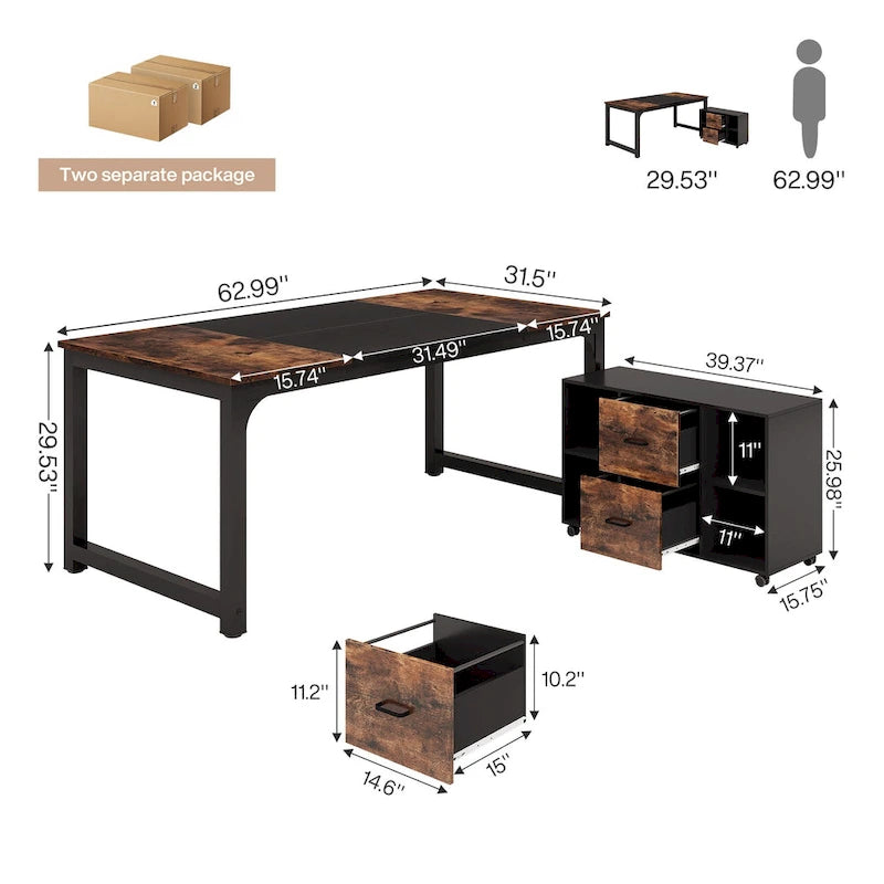 Bureau de direction en L de 63 pouces avec caisson à dossiers suspendus de 40 pouces