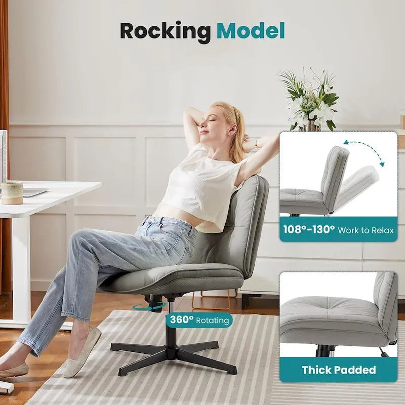 Chaise à pieds croisés sans roulettes, sans accoudoirs, assise large, hauteur réglable, pivotante, rembourrée en cuir PU épais, confortable pour le bureau à domicile