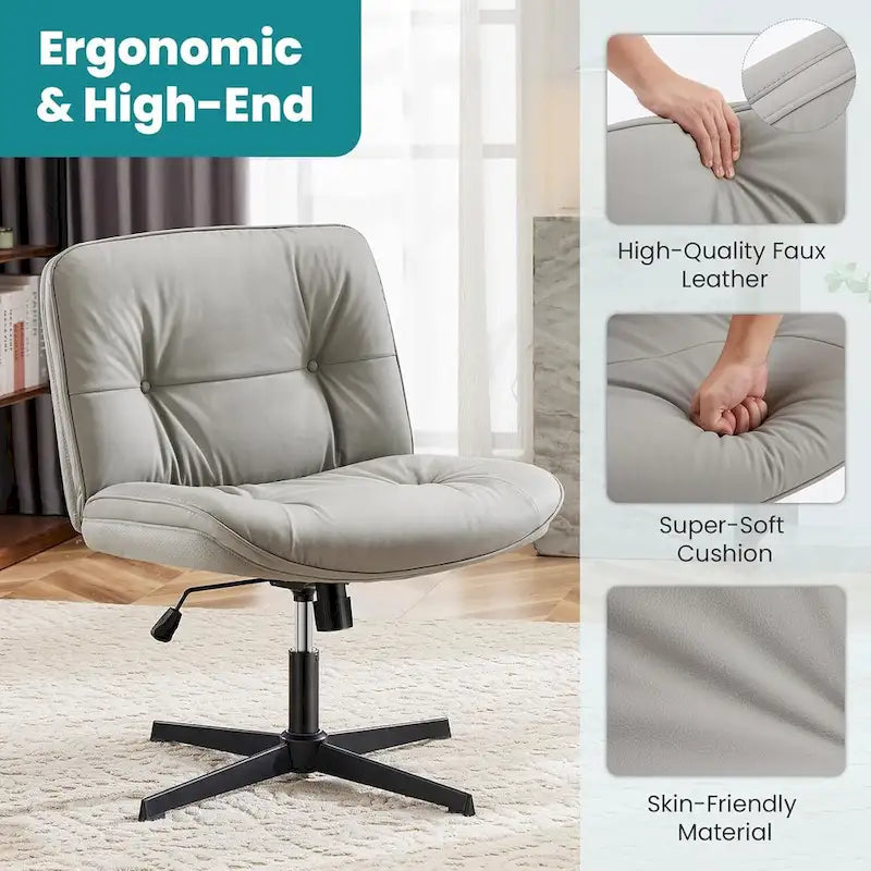 Chaise à pieds croisés sans roulettes, sans accoudoirs, assise large, hauteur réglable, pivotante, rembourrée en cuir PU épais, confortable pour le bureau à domicile