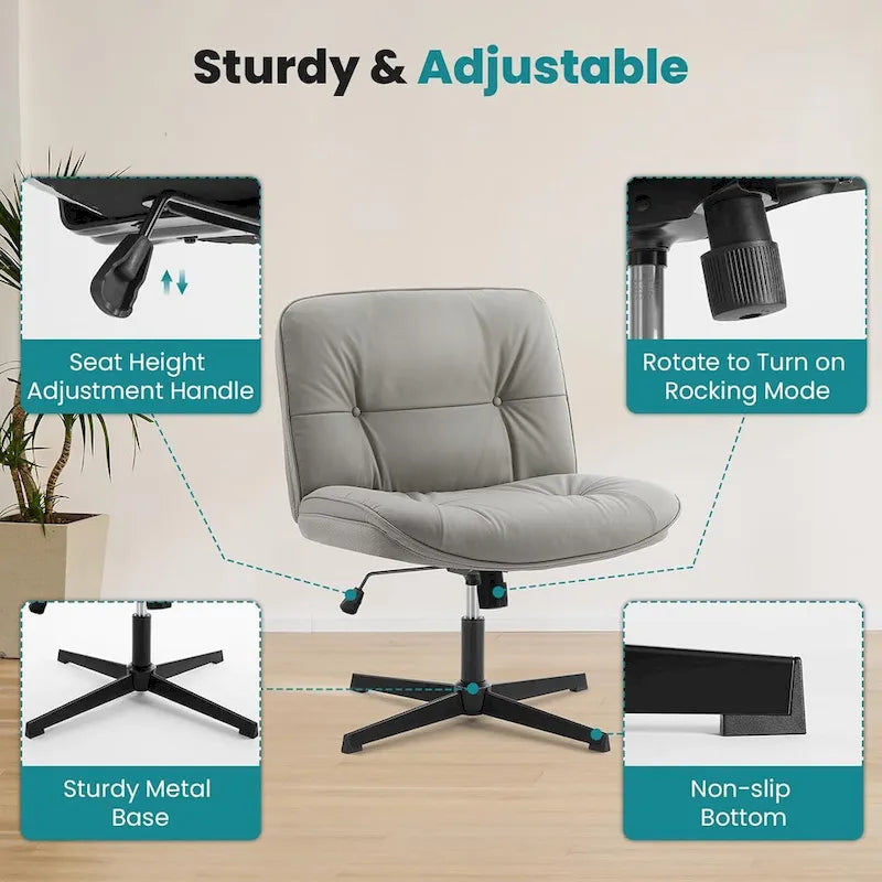 Chaise à pieds croisés sans roulettes, sans accoudoirs, assise large, hauteur réglable, pivotante, rembourrée en cuir PU épais, confortable pour le bureau à domicile