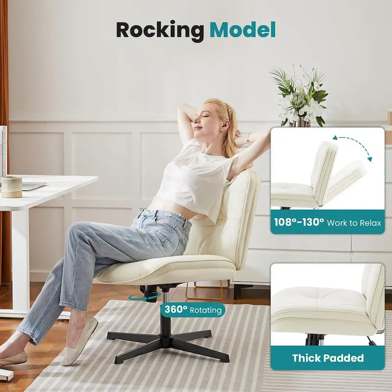 Chaise à pieds croisés sans roulettes, sans accoudoirs, assise large, hauteur réglable, pivotante, rembourrée en cuir PU épais, confortable pour le bureau à domicile