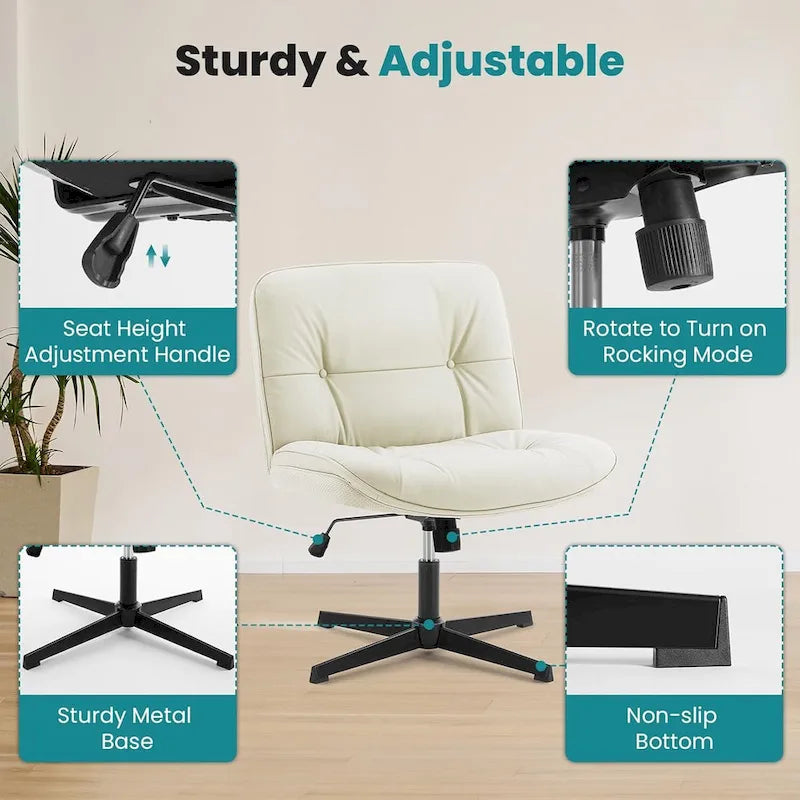 Chaise à pieds croisés sans roulettes, sans accoudoirs, assise large, hauteur réglable, pivotante, rembourrée en cuir PU épais, confortable pour le bureau à domicile