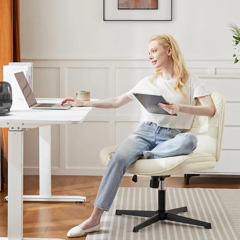 Chaise à pieds croisés sans roulettes, sans accoudoirs, assise large, hauteur réglable, pivotante, rembourrée en cuir PU épais, confortable pour le bureau à domicile