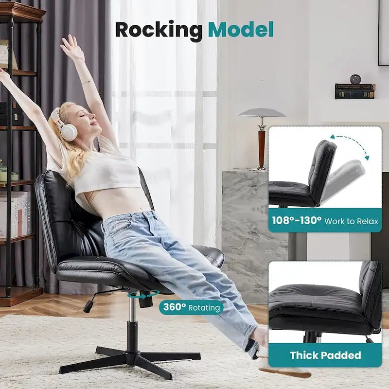 Chaise à pieds croisés sans roulettes, sans accoudoirs, assise large, hauteur réglable, pivotante, rembourrée en cuir PU épais, confortable pour le bureau à domicile