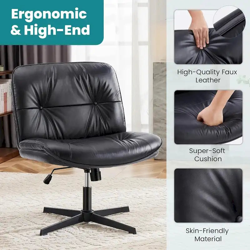 Chaise à pieds croisés sans roulettes, sans accoudoirs, assise large, hauteur réglable, pivotante, rembourrée en cuir PU épais, confortable pour le bureau à domicile