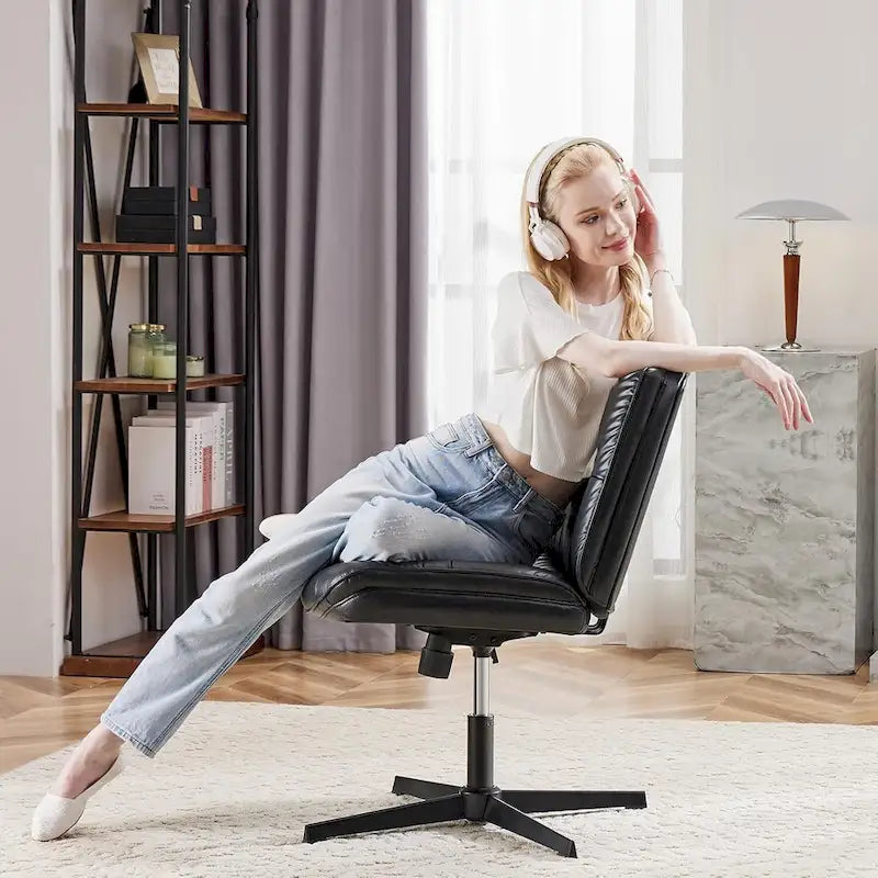 Chaise à pieds croisés sans roulettes, sans accoudoirs, assise large, hauteur réglable, pivotante, rembourrée en cuir PU épais, confortable pour le bureau à domicile