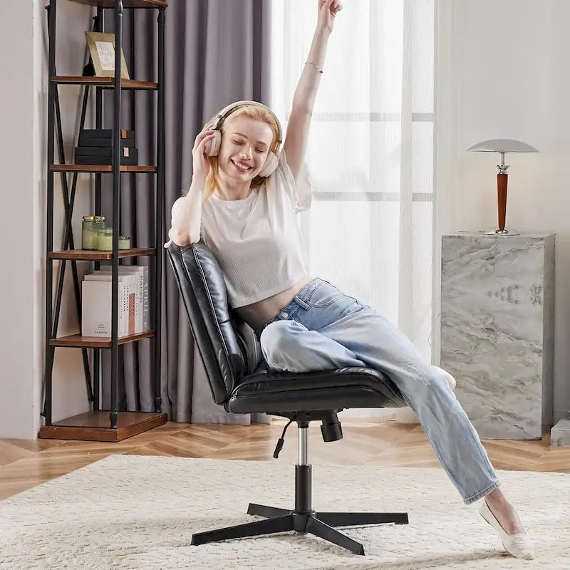 Chaise à pieds croisés sans roulettes, sans accoudoirs, assise large, hauteur réglable, pivotante, rembourrée en cuir PU épais, confortable pour le bureau à domicile