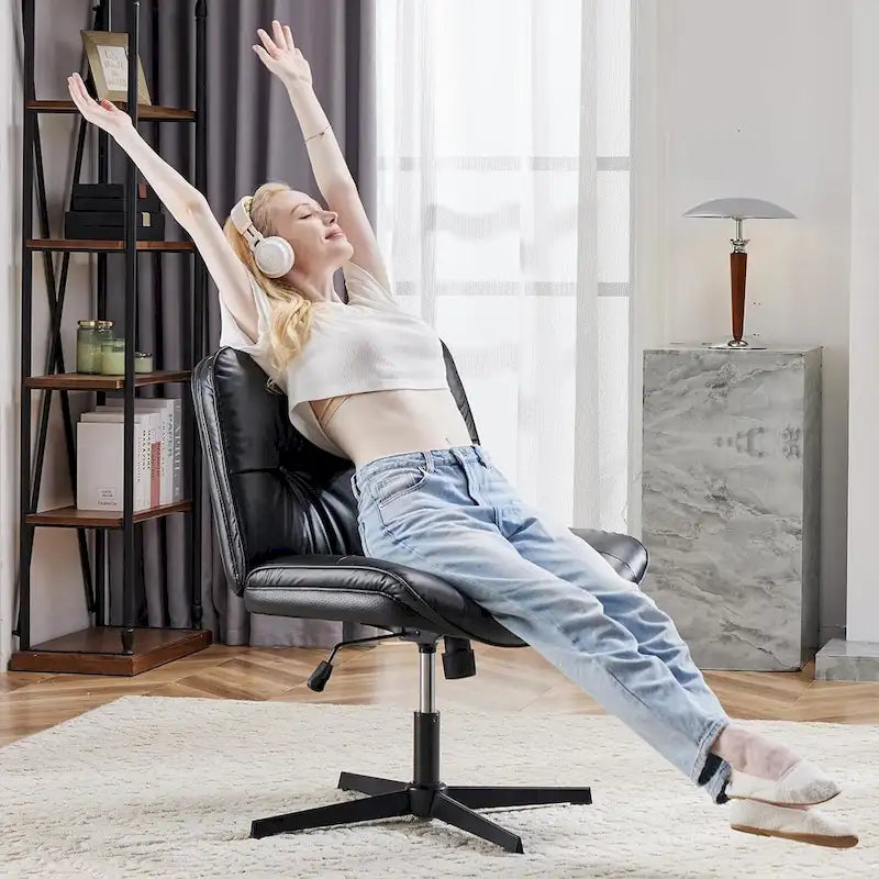 Chaise à pieds croisés sans roulettes, sans accoudoirs, assise large, hauteur réglable, pivotante, rembourrée en cuir PU épais, confortable pour le bureau à domicile
