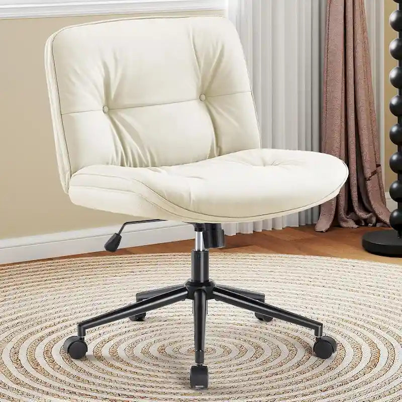 Chaise à roulettes Criss Cross, siège de bureau large sans accoudoirs en cuir PU avec pieds, siège de coiffeuse ergonomique et confortable à roulettes
