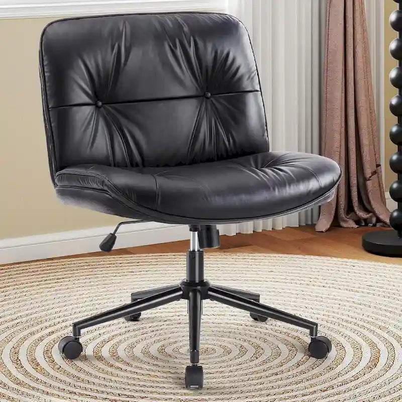Chaise à roulettes Criss Cross, siège de bureau large sans accoudoirs en cuir PU avec pieds, siège de coiffeuse ergonomique et confortable à roulettes