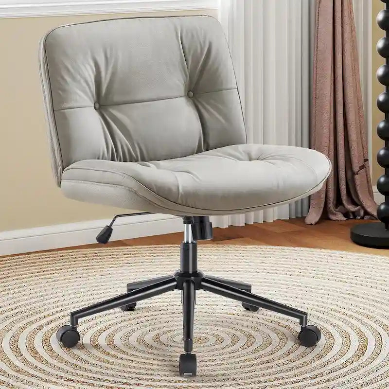 Chaise à roulettes Criss Cross, siège de bureau large sans accoudoirs en cuir PU avec pieds, siège de coiffeuse ergonomique et confortable à roulettes