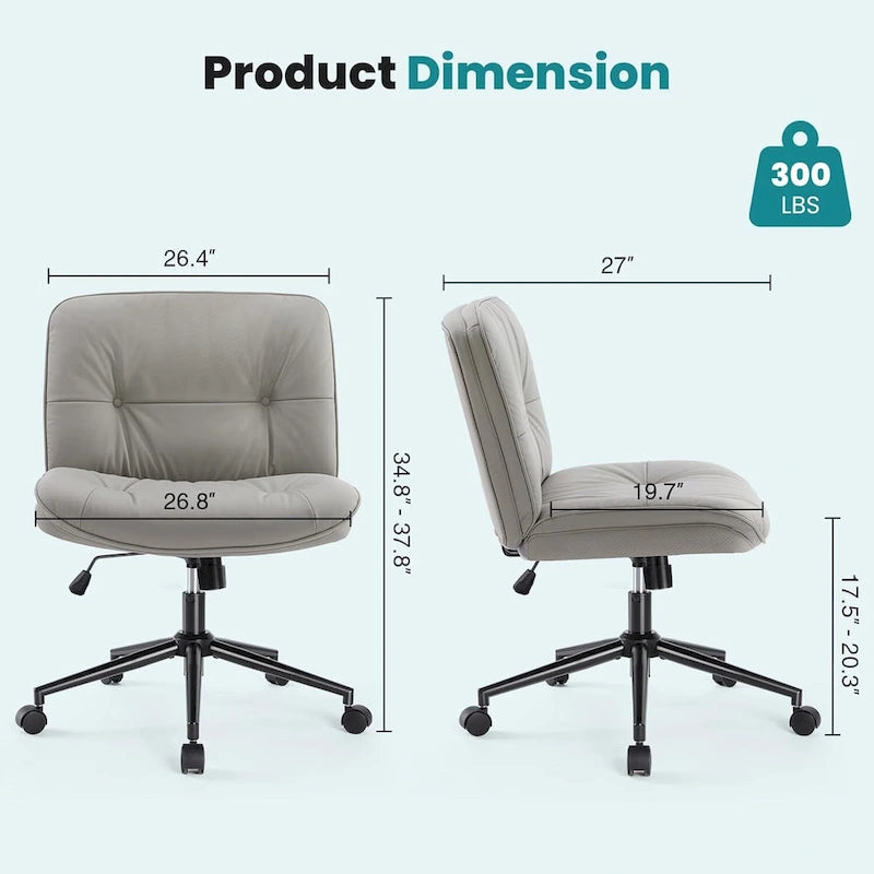Chaise à roulettes Criss Cross, siège de bureau large sans accoudoirs en cuir PU avec pieds, siège de coiffeuse ergonomique et confortable à roulettes