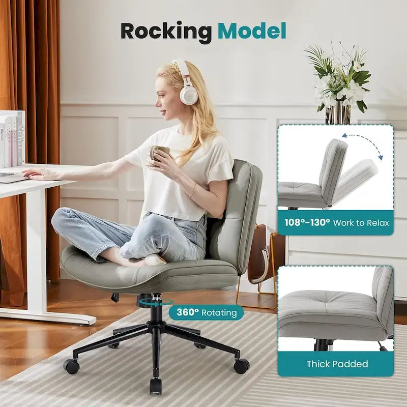 Chaise à roulettes Criss Cross, siège de bureau large sans accoudoirs en cuir PU avec pieds, siège de coiffeuse ergonomique et confortable à roulettes