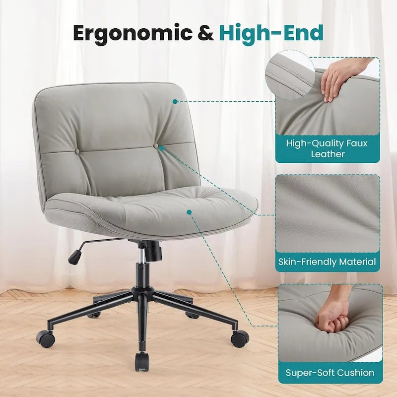 Chaise à roulettes Criss Cross, siège de bureau large sans accoudoirs en cuir PU avec pieds, siège de coiffeuse ergonomique et confortable à roulettes