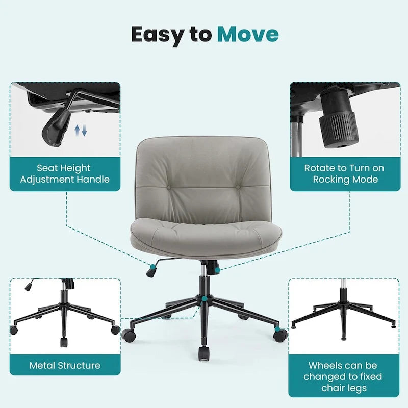 Chaise à roulettes Criss Cross, siège de bureau large sans accoudoirs en cuir PU avec pieds, siège de coiffeuse ergonomique et confortable à roulettes