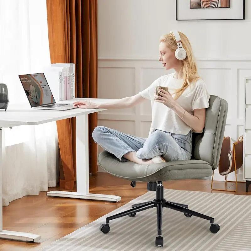 Chaise à roulettes Criss Cross, siège de bureau large sans accoudoirs en cuir PU avec pieds, siège de coiffeuse ergonomique et confortable à roulettes