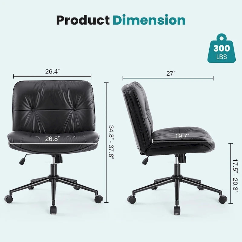 Chaise à roulettes Criss Cross, siège de bureau large sans accoudoirs en cuir PU avec pieds, siège de coiffeuse ergonomique et confortable à roulettes