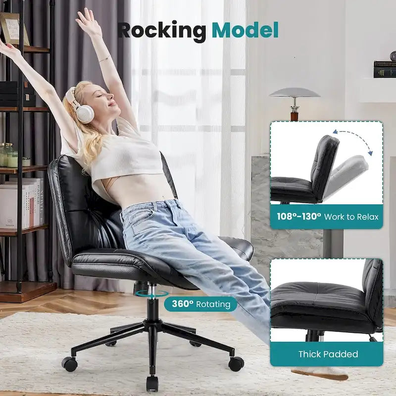 Chaise à roulettes Criss Cross, siège de bureau large sans accoudoirs en cuir PU avec pieds, siège de coiffeuse ergonomique et confortable à roulettes