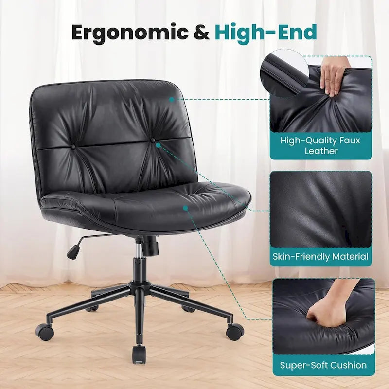 Chaise à roulettes Criss Cross, siège de bureau large sans accoudoirs en cuir PU avec pieds, siège de coiffeuse ergonomique et confortable à roulettes