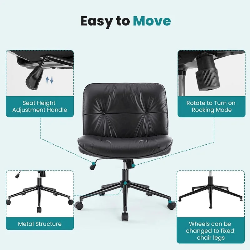 Chaise à roulettes Criss Cross, siège de bureau large sans accoudoirs en cuir PU avec pieds, siège de coiffeuse ergonomique et confortable à roulettes
