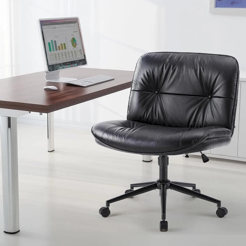 Chaise à roulettes Criss Cross, siège de bureau large sans accoudoirs en cuir PU avec pieds, siège de coiffeuse ergonomique et confortable à roulettes