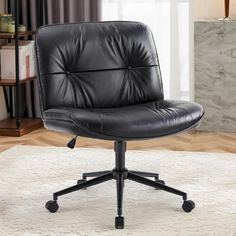 Chaise à roulettes Criss Cross, siège de bureau large sans accoudoirs en cuir PU avec pieds, siège de coiffeuse ergonomique et confortable à roulettes