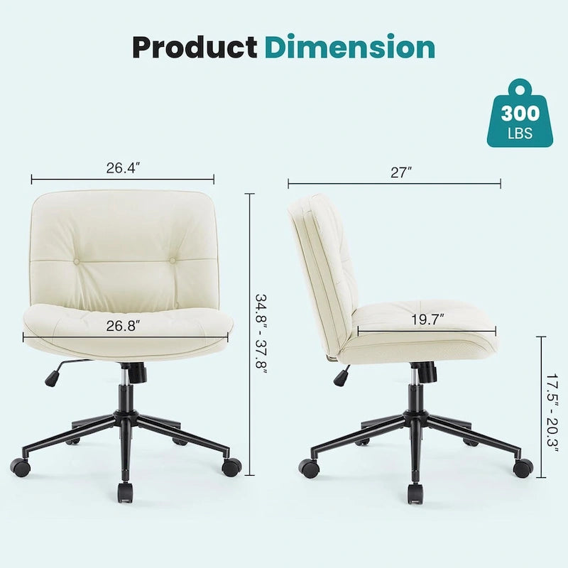Chaise à roulettes Criss Cross, siège de bureau large sans accoudoirs en cuir PU avec pieds, siège de coiffeuse ergonomique et confortable à roulettes
