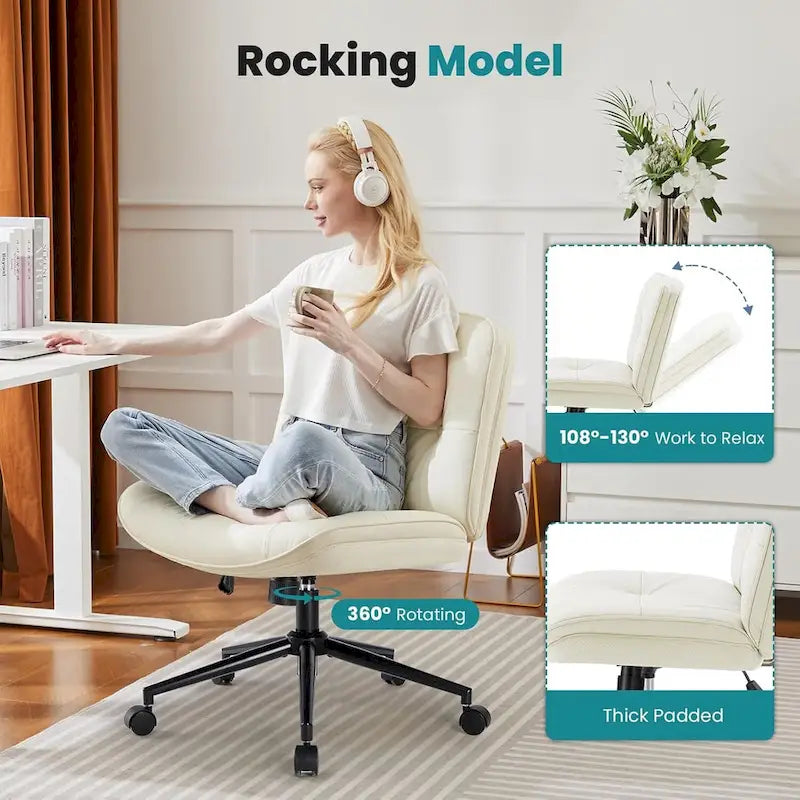 Chaise à roulettes Criss Cross, siège de bureau large sans accoudoirs en cuir PU avec pieds, siège de coiffeuse ergonomique et confortable à roulettes