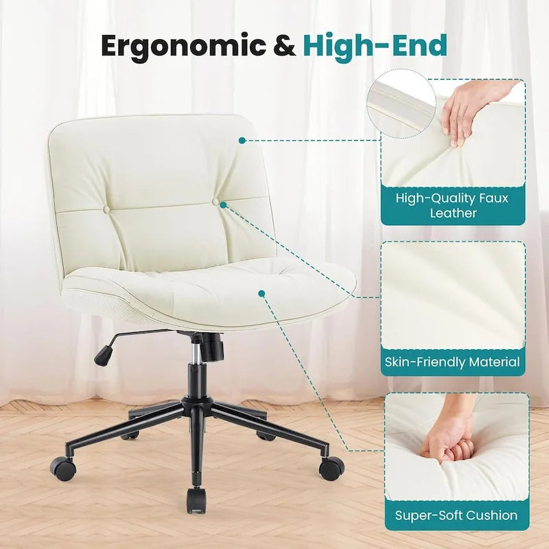 Chaise à roulettes Criss Cross, siège de bureau large sans accoudoirs en cuir PU avec pieds, siège de coiffeuse ergonomique et confortable à roulettes