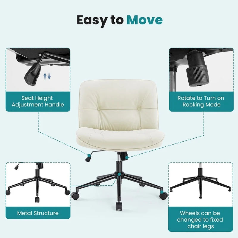 Chaise à roulettes Criss Cross, siège de bureau large sans accoudoirs en cuir PU avec pieds, siège de coiffeuse ergonomique et confortable à roulettes