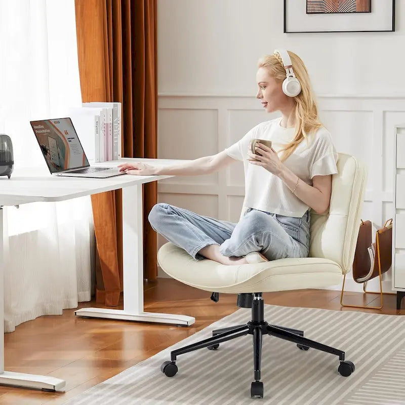 Chaise à roulettes Criss Cross, siège de bureau large sans accoudoirs en cuir PU avec pieds, siège de coiffeuse ergonomique et confortable à roulettes