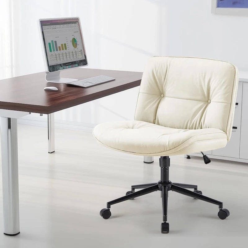 Chaise à roulettes Criss Cross, siège de bureau large sans accoudoirs en cuir PU avec pieds, siège de coiffeuse ergonomique et confortable à roulettes