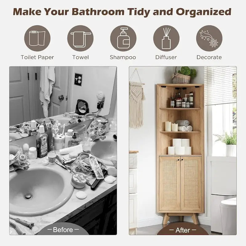 Meuble d'angle en rotin naturel, meuble de rangement d'angle moderne pour salle de bain