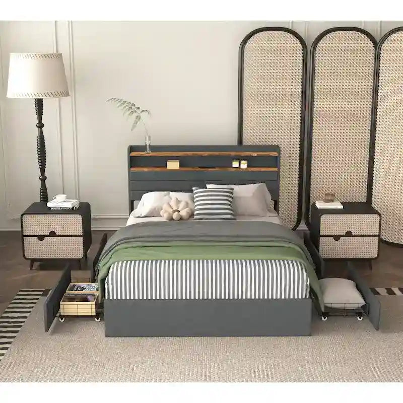 Lit coffre Queen - 4 tiroirs, plateforme rembourrée avec éclairage LED et port USB de chargement