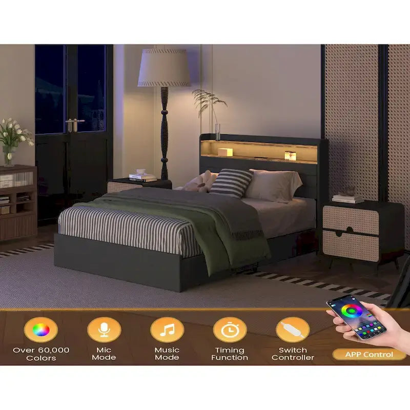 Lit coffre Queen - 4 tiroirs, plateforme rembourrée avec éclairage LED et port USB de chargement