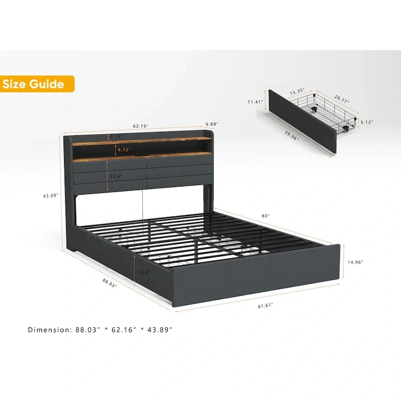 Lit coffre Queen - 4 tiroirs, plateforme rembourrée avec éclairage LED et port USB de chargement