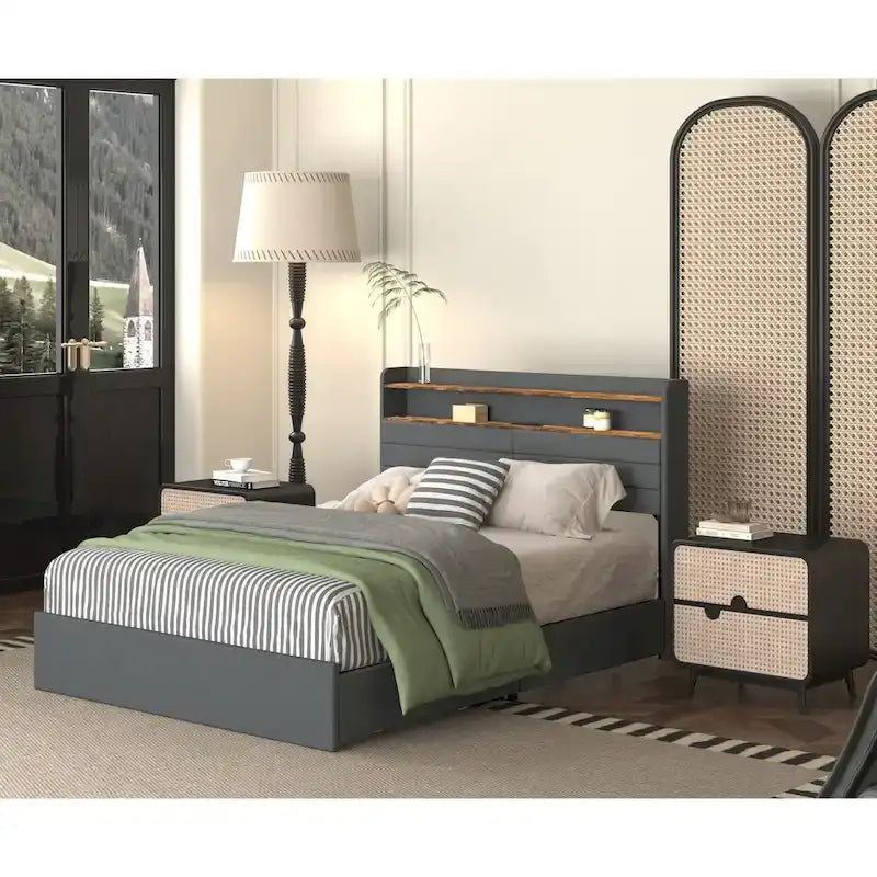 Lit coffre Queen - 4 tiroirs, plateforme rembourrée avec éclairage LED et port USB de chargement