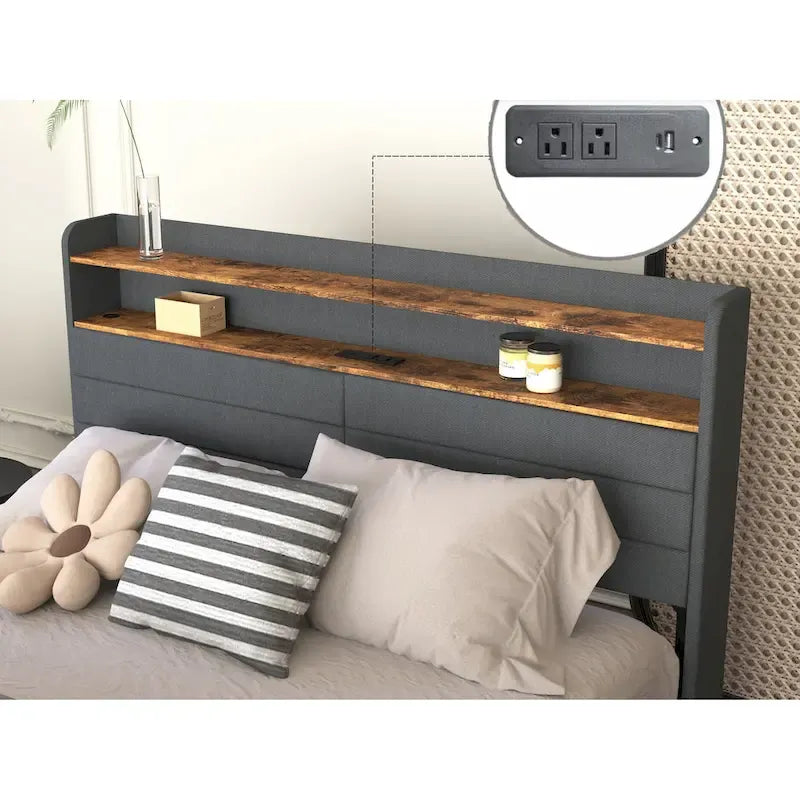 Lit coffre Queen - 4 tiroirs, plateforme rembourrée avec éclairage LED et port USB de chargement