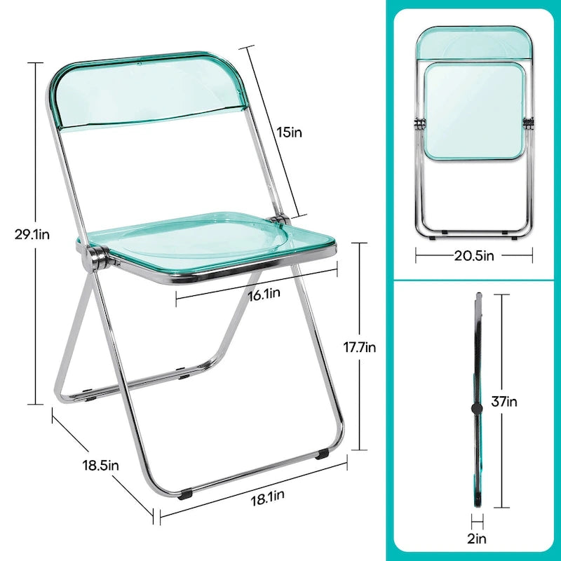 Chaise de salle à manger pliante empilable en acrylique transparent avec cadre en métal, unité - 29,1 (H) x 18,1 (L) x 18,5 (P)