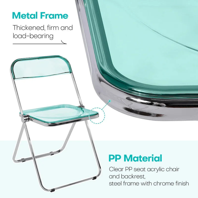 Chaise de salle à manger pliante empilable en acrylique transparent avec cadre en métal, unité - 29,1 (H) x 18,1 (L) x 18,5 (P)