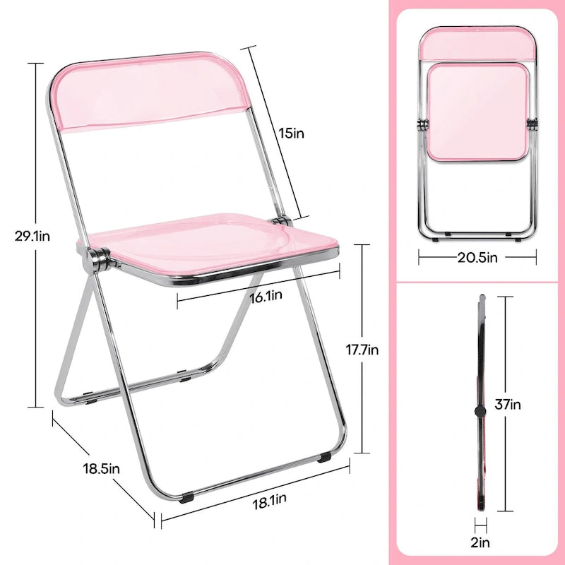 Chaise de salle à manger pliante empilable en acrylique transparent avec cadre en métal, unité - 29,1 (H) x 18,1 (L) x 18,5 (P)