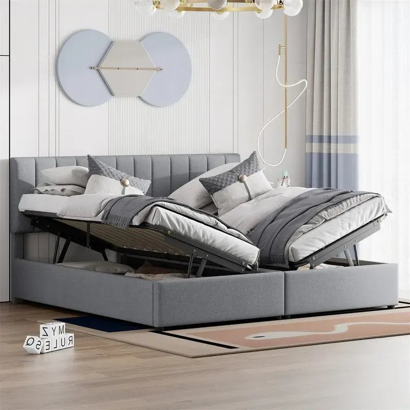Lit coffre King Size avec tête de lit et rangement sous le lit, lit plateforme rembourré avec système de rangement hydraulique
