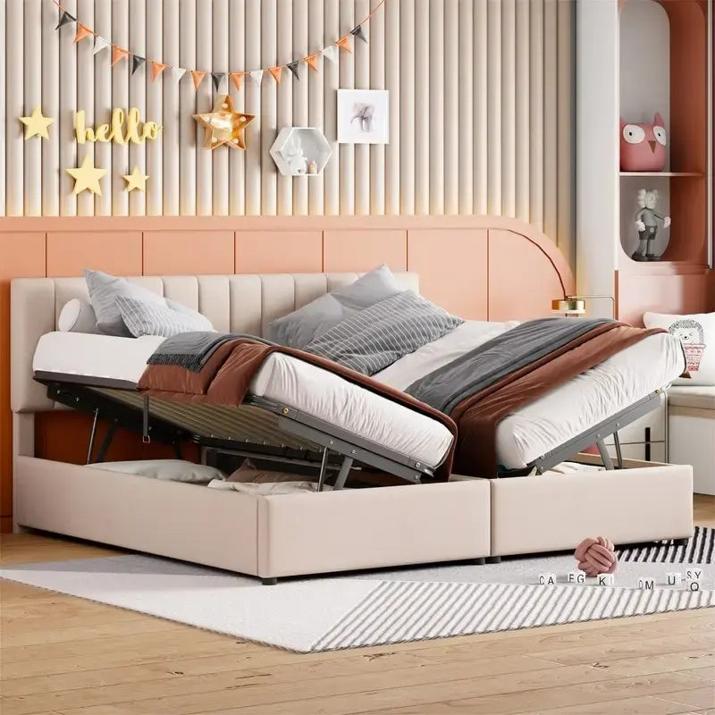 Lit coffre King Size avec tête de lit et rangement sous le lit, lit plateforme rembourré avec système de rangement hydraulique